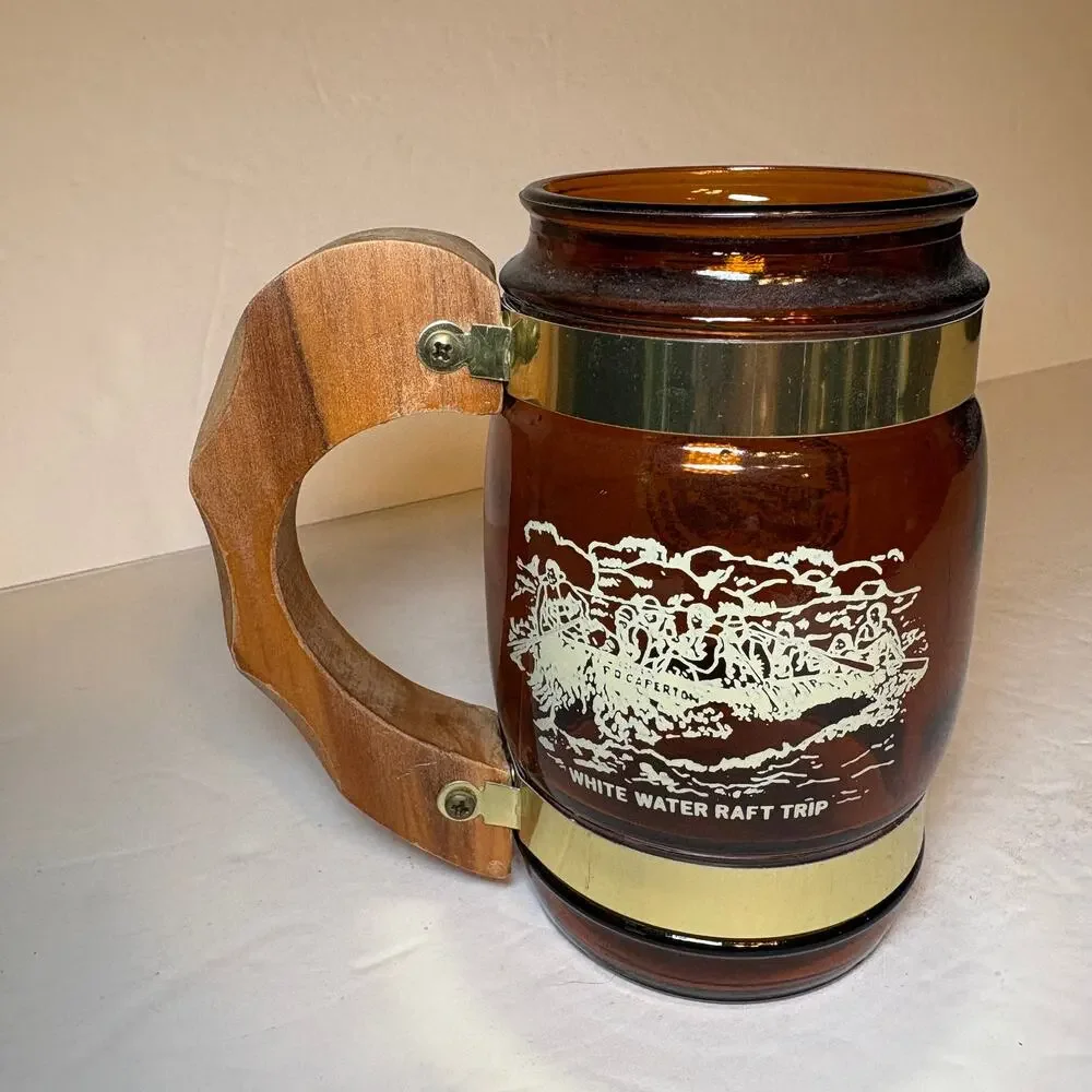Vintage New River Gorge Fayette County WV Souvenir Brown Glass Barrel Mug Wood